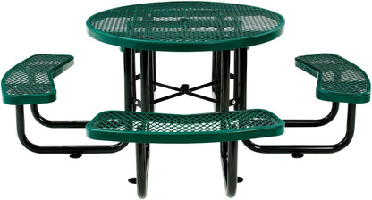 Global Industrial 46" Round Picnic Table, Expanded Metal, Green Thermoplastic Coating, Attached Benches, 1-1/2” Umbrella Pole Hole, Outdoor-Rated, 1000 lb Capacity
