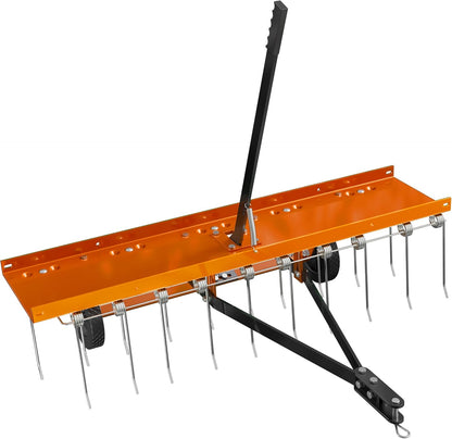 40 Inch Orange Tow-Behind Dethatcher with 20 Spring Steel Tines, Pull Dethatcher for Outdoor Yard Care, Garden Farm Grass Tractor Rake to Remove Thatch, Leaves and Needles from Large Lawn Areas