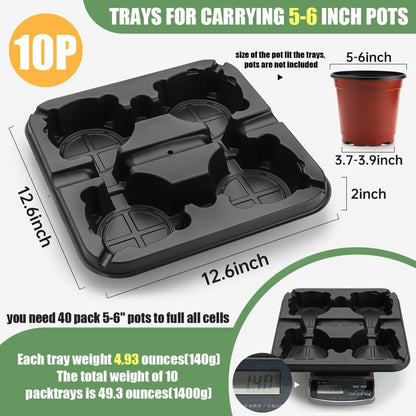 4 Cell Round Nursery Pot Trays for 5-6 Inch Pots, Thickened Sturdy Seedling Pot Shuttle Tray, Durable Nursery Pots Carrying Tray for Holding 5-6 inch Plastic Plant Pots (12.6" Square, 10-Pack)