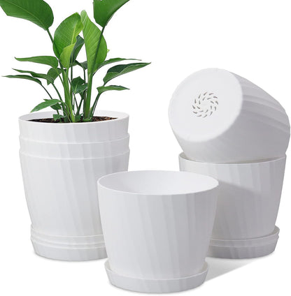 6 Inch Plant Pots Bulk, 6 Pack Plastic Planters with Drainage Holes and Saucers for Indoor Outdoor House Plants and Flowers, White