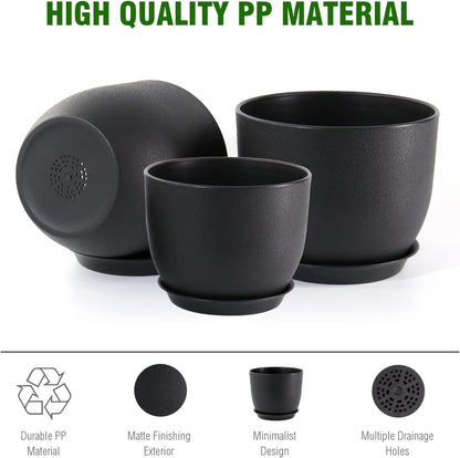 Modern Plant Pots Set, 9/8/7.5 inch Plastic Planters for Indoor Plants, Stylish Flower Pots with Drainage Holes and Saucers for House Plants and Flowers, Black