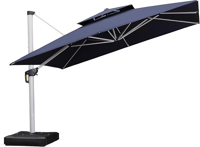 PURPLE LEAF 12 Feet Double Top Deluxe Square Patio Umbrella Offset Hanging Umbrella Cantilever Outdoor Market Garden Umbrella, Navy Blue