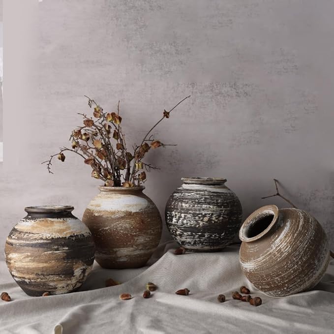 Rustic Terracotta Vase for Farmhouse Decor, Large Vintage Pottery Vases for Home, Wide Mouth Ceramic Vase for Living Room, Kitchen, Table Centerpieces, Modern Rustic Stone Vases