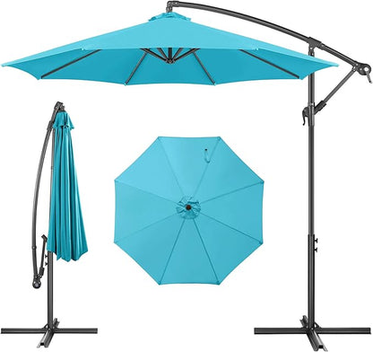 FLAME&SHADE 10ft Cantilever Patio Umbrella Outdoor, Large Offset Umbrella with Crank and Cross Base, UPF 50+ UV Protection Hanging Umbrella for Pool Deck Garden, Aqua Blue