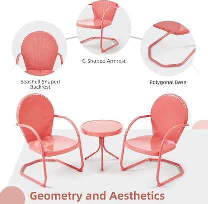 Patio Bistro Set Retro Metal Outdoor Seating Conversation 3 Pieces, 2 C-Spring Motion Armchairs and Round Side Table, for Porch, Lawn, Garden, Pink