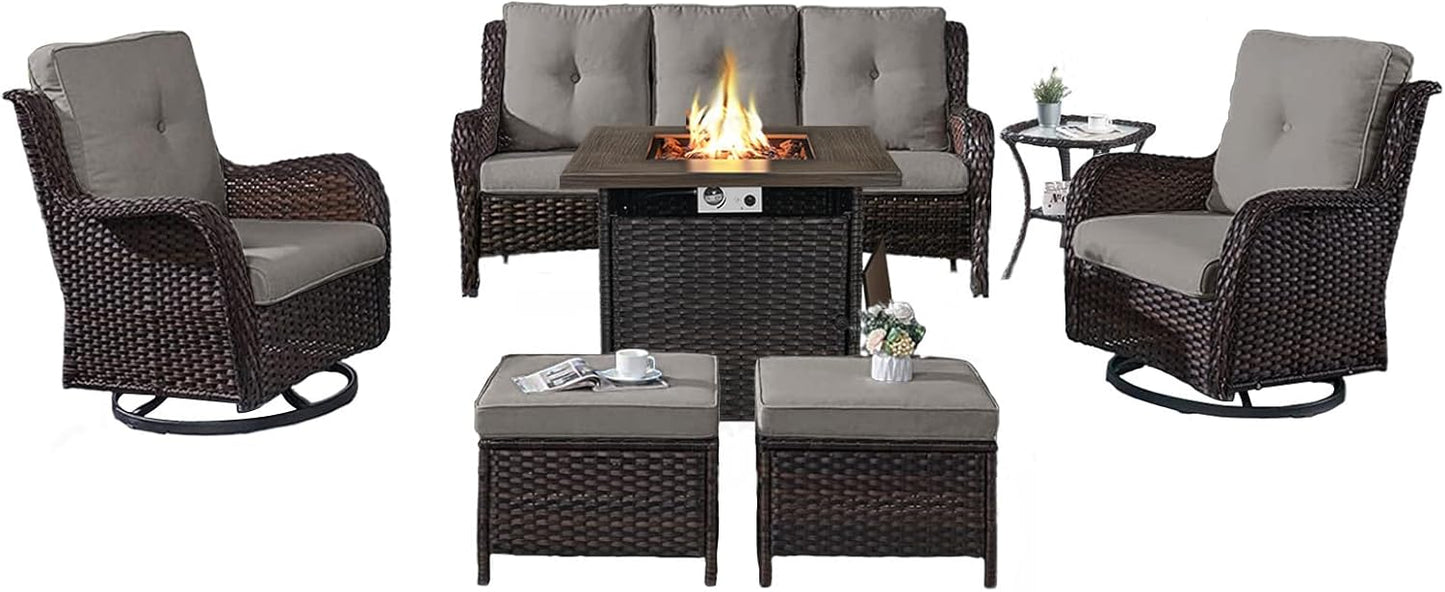Outdoor Patio Furniture Set with Propane Fire Pit Table, 7 Pieces Wicker Patio Conversation Set with 2 Swivel Glider Rocker Chair Rattan Sofa Grey Cushion Perfect for Casual Gathering