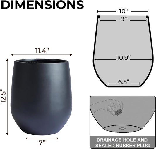 12.5"H x 11.4"D Corso Fiberstone Round Tapered Planter with Drainage Hole, Smooth Finishes, Weather Resistant for Indoor and Outdoor Use, Included 2 Extra Coco Mats (Black, 9" Pot Opening)