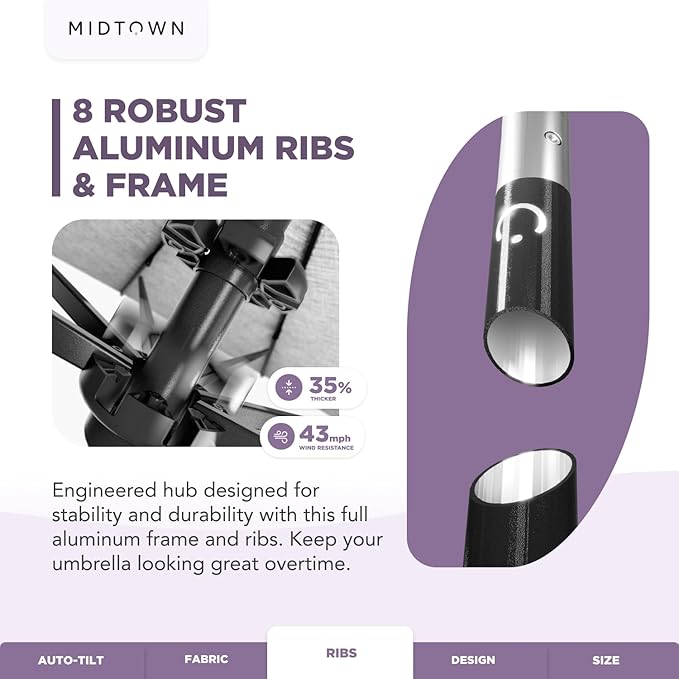 Midtown Umbrellas The Lean 10 Feet Outdoor Umbrella With Sunbrella Heather Tan Acrylic Fabric - 8 Ribs Aluminum Frame Patio Umbrella With Zinc Alloy Crank Lift And Auto-Tilt System