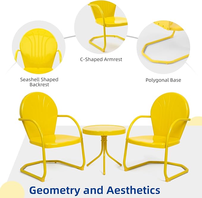 Patio Bistro Set Retro Metal Outdoor Seating Set Conversation Set 3 Pieces, 2 C-Spring Motion Armchairs and Round Side Table, for Porch, Lawn, Garden, Yellow