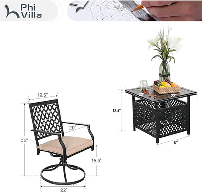 PHI VILLA 3 Piece Outdoor Bistro Set for 2, 22" Wrought Iron Square Table with Umbrella Hole & Swivel Metal Chairs, Small Furniture Conversation Set for Porch, Deck, Balcony, Patio, Yard - Black