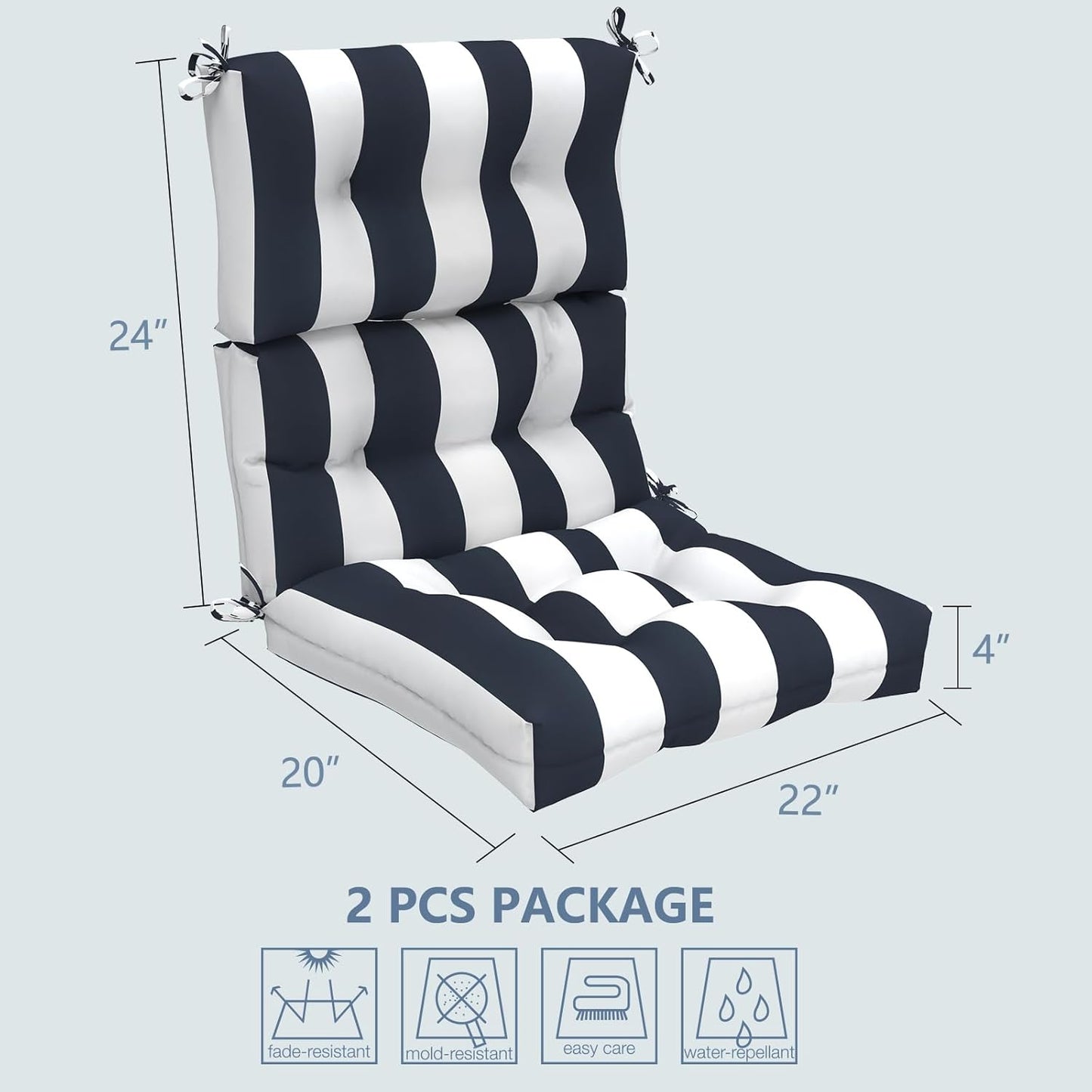 LVTXIII 2 Pack Outdoor High Back Cushions Patio Tufted Seat and Back Chair Cushions with Ties, Replacement Chair Pad for Outdoor Furniture Decoration (44” L x 22 W”, Set of 2, Cabana Navy)