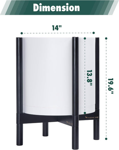 D'vine Dev Planter Pot with Stand - 14 Inch Plastic Cylinder Flower Pot with Wood Planter Holder for Indoor, Matte White Pot + Ebony Stand, 55-C-T-1