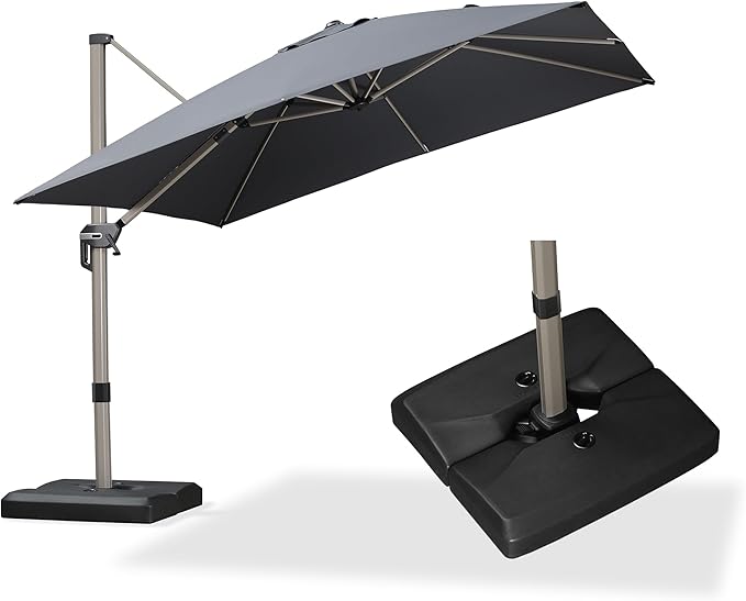 PURPLE LEAF 10FT Patio Umbrella with Base Cantilever Umbrella Square Outdoor Offset Umbrella with Champagne Frame and 360° Rotation for Garden Deck Pool, Grey