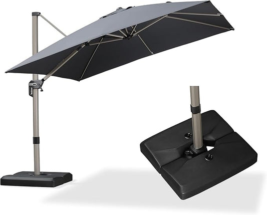 PURPLE LEAF 10FT Patio Umbrella with Base Cantilever Umbrella Square Outdoor Offset Umbrella with Champagne Frame and 360° Rotation for Garden Deck Pool, Grey