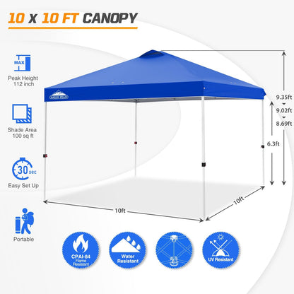 EAGLE PEAK Pop Up Canopy Tent with Wheeled Carry Bag, 8 Stakes, 4 Ropes, 4 Weight Bags, Easy Set Up Tent Canopy, 10x10 ft, 100sqft of Shade, Blue