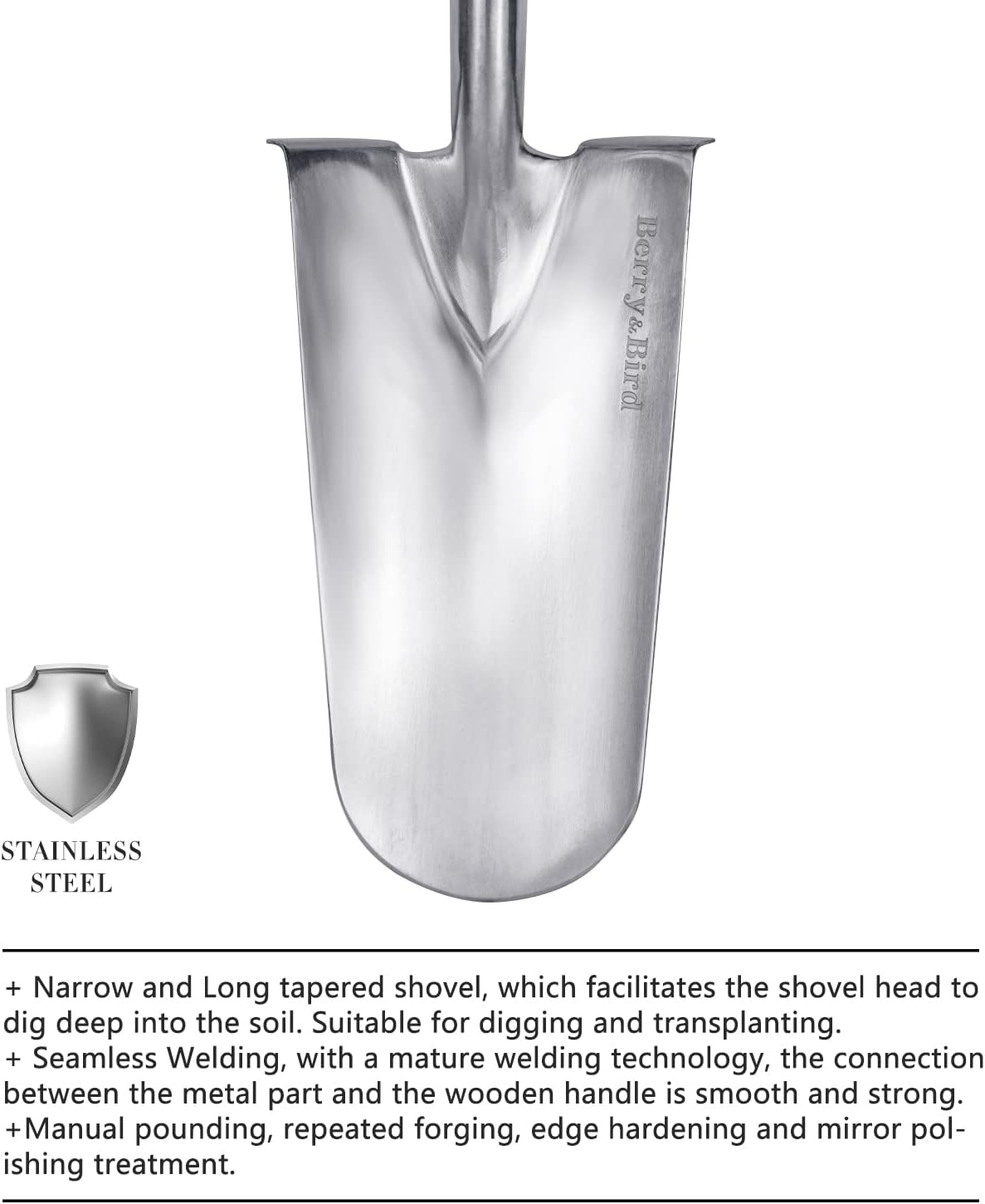 Berry&Bird Trenching Shovel, Garden Drain Spade Shovel with Wood Handle, 42.5" Stainless Steel Gardening Planting Spade, Heavy Duty Root Cutter Shovel Trench Shovel for Digging Transplanting & Edging