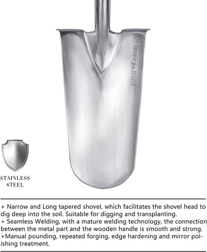 Berry&Bird Trenching Shovel, Garden Drain Spade Shovel with Wood Handle, 42.5" Stainless Steel Gardening Planting Spade, Heavy Duty Root Cutter Shovel Trench Shovel for Digging Transplanting & Edging