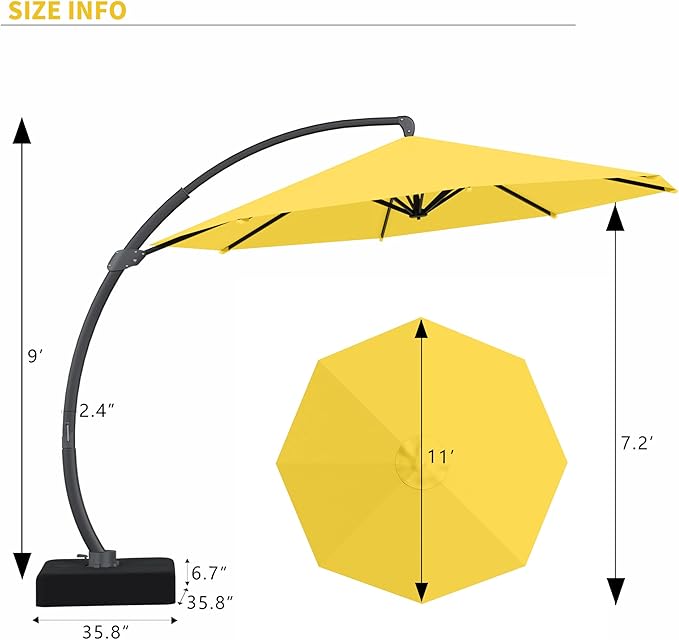 Kingdura 11ft Cantilever Patio Umbrella with Base Included, Large Round Offset Outdoor Pool Umbrella, 360° Rotation & Infinite Tilt, Heavy Duty Aluminum Frame for Deck Backyard, Yellow