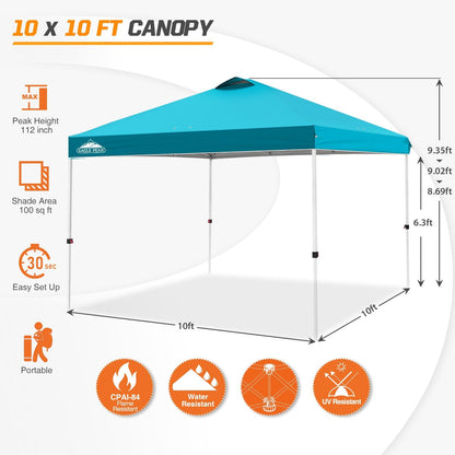 EAGLE PEAK Pop Up Canopy Tent with Wheeled Carry Bag, 8 Stakes, 4 Ropes, 4 Weight Bags, Easy Set Up Tent Canopy, 10x10 ft, 100sqft of Shade, Turquoise