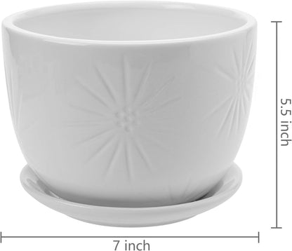 MyGift 7 Inch Round White Ceramic Plant Pot with Drainage Hole and Attached Saucer, Modern Decorative Embossed Sunburst Planter Container for Indoor Home Garden