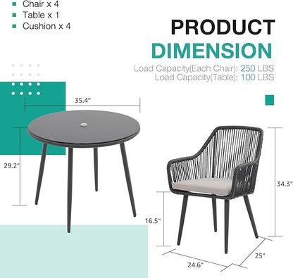 Patiorama 5-Piece Patio Dining Set,Outdoor Dining Table Chair Set,All-Weather Twisted Rattan Wicker Rope Conversation Set,Patio Furniture Set w/Umbrella Hole,4 Cushioned Chairs&Glass Table(Dark Black)