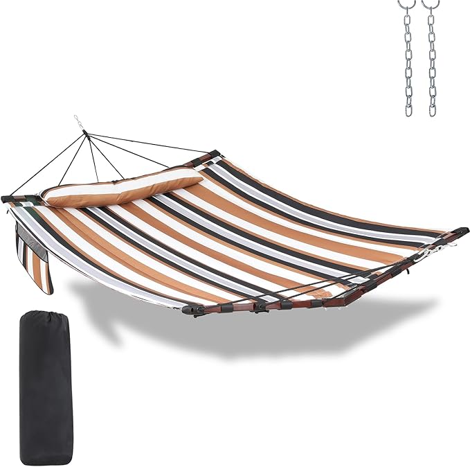 TegerDeger 12FT 2 Person Hammock Large Hammock 450LB Capacity with V Shaped Hardwood Spreader Bar & Nylon Rope for Outside, Patio, Garden, Backyard, Beach, Poolside - Coffee Stripes