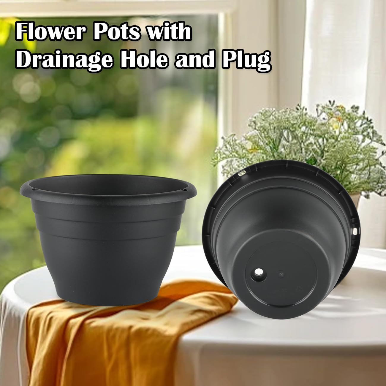 Plant Pots Set of 5, 10" Outside Diameter Flower Pots, 8.5" Inner Diameter Planters with Drainage Hole, Durable Perfect for Indoor & Outdoor Plant Planting, Decor, Black
