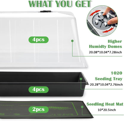 4-Pack 1020 Seed Starter Trays with 7.3'' Humidity Domes & 2-Pack Heat Mats – Heavy-Duty Seedling Trays with Adjustable Domes & Waterproof Heating Mats for Optimal Germination & Cloning Propagation