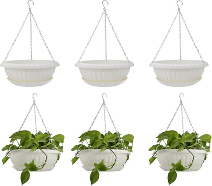 10.63in Hanging Planter Pots for Outdoor and Indoor Plants Flowers with Drainage Hole Tray Hooks Plastic Plant Baskets for Garden Home Porch (White, Pack of 6)