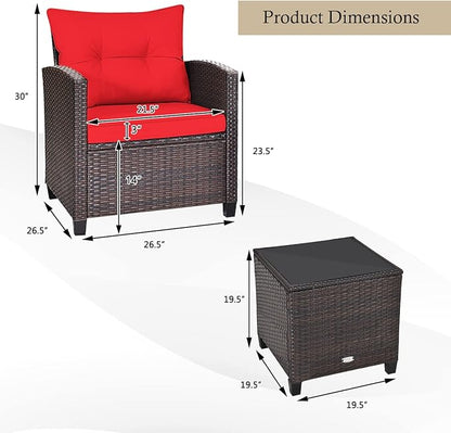 KOTEK 3 Piece Patio Furniture Set, Outdoor Conversation Set with Washable Cushions & Tempered Glass Tabletop, PE Rattan Wicker Bistro Set for Porch, Garden, Balcony (Red)