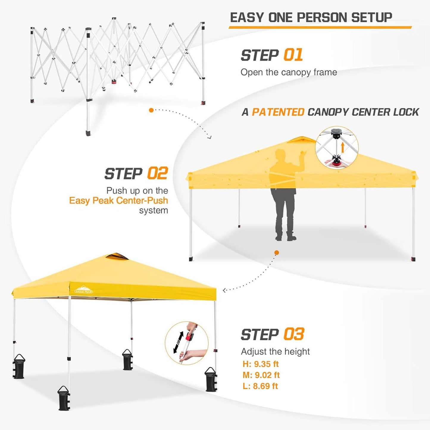 EAGLE PEAK Pop Up Canopy Tent with Wheeled Carry Bag, 8 Stakes, 4 Ropes, 4 Weight Bags, Easy Set Up Tent Canopy, 10x10 ft, 100sqft of Shade, Yellow