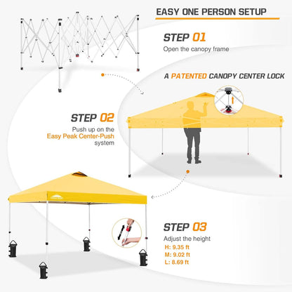 EAGLE PEAK Pop Up Canopy Tent with Wheeled Carry Bag, 8 Stakes, 4 Ropes, 4 Weight Bags, Easy Set Up Tent Canopy, 10x10 ft, 100sqft of Shade, Yellow