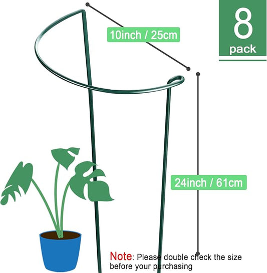 HiGift 8 Pack 24 Inch Plant Support Stakes, 10" Wide x 24" High Half Round Metal Garden Plant Stake Peony Support Cage, Green Plant Support Ring Border for Tomato,Hydrangea,Flower Indoor Outdoor