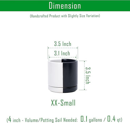 D'vine Dev 3.5 Inch Ceramic Planter Pot with Drainage Hole and Saucer, Indoor Cylinder Round Planter Pot, Split Monochrome Black & White, 94-O-A-0