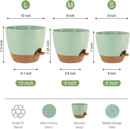 10/9/8 inch Self Watering Pots, Set of 3 Plastic Planters with Mesh Drainage Holes and Deep Reservoir for Indoor Outdoor Garden Plants and Flowers, Green with Brown