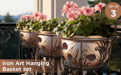 Hanging Railing Planter Flower Pot Holder Baskets Iron Art Hanging Baskets Flower Pot Holder Hanger Potted Plants Rack Plant Iron Racks Over The Rail Fence for Patio Balcony Porch