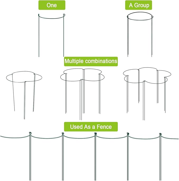 HiGift 16 Pack 24 Inch Plant Support Stakes, 10" Wide x 24" High Half Round Metal Garden Plant Stake Peony Support Cage, Green Plant Support Ring Border for Tomato,Hydrangea,Flower Indoor Outdoor