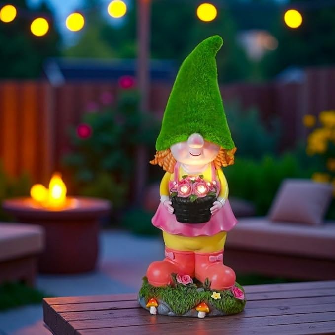 Garden Solar Resin Gnome Girl Statue with Solar Powered Night Light for Porch, Patio and Indoor Decoration