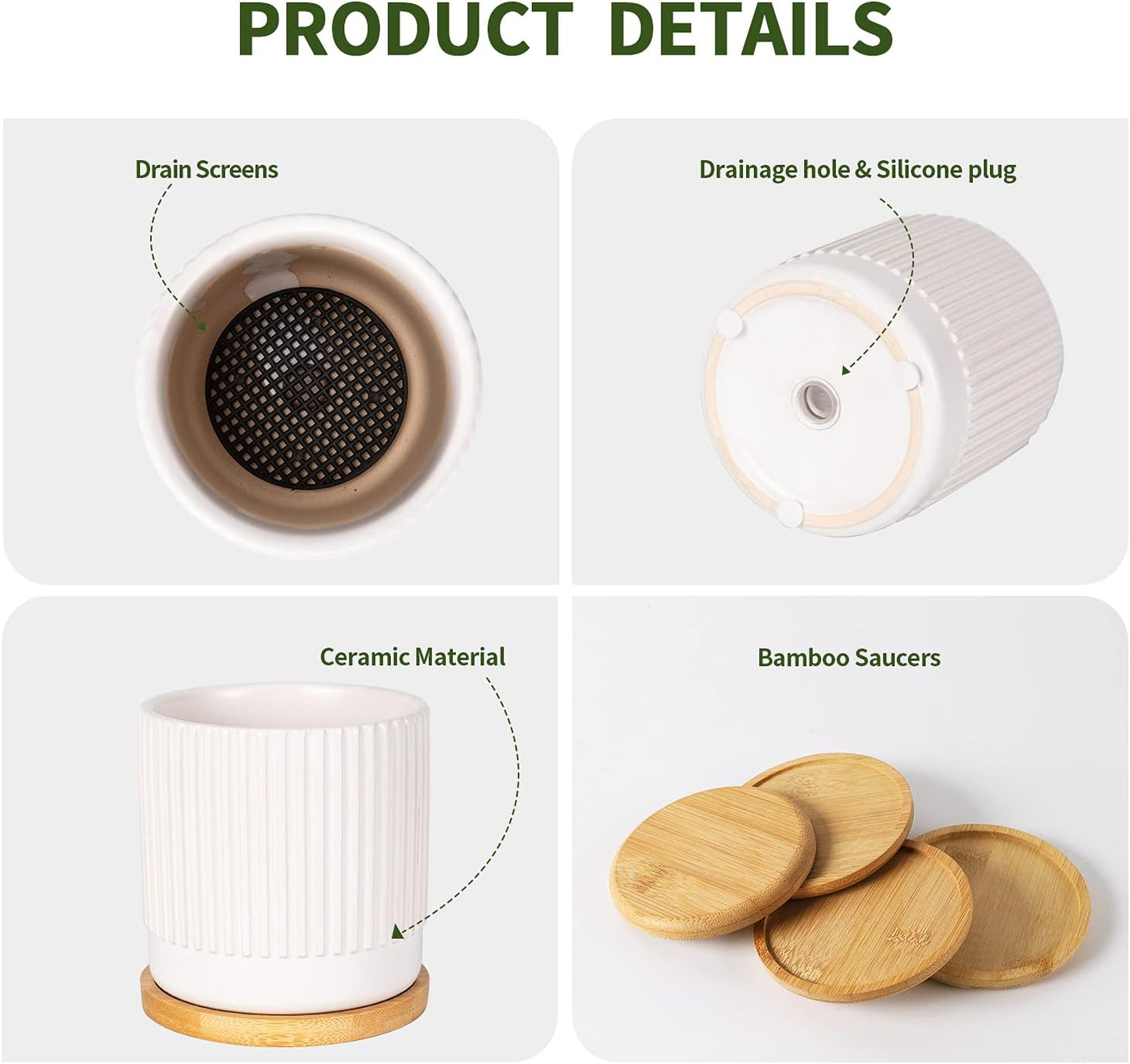 AOMRYOM 4.25 Inch Small Ceramic Plant Pots with Drainage Holes and Trays, Garden Flower Pots for Indoor Outdoor Plants, Succulents, Cactus and Herbs, White Stripe, Set of 4 (Plant Not Included)