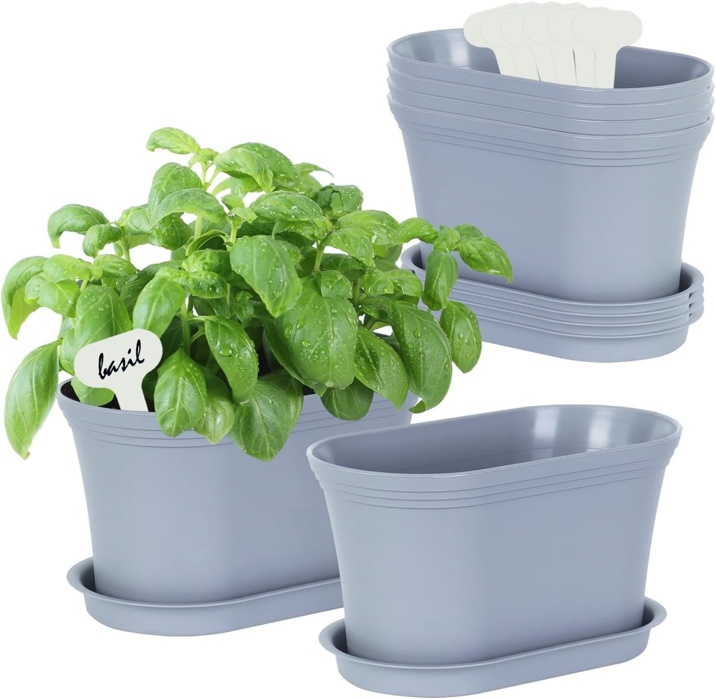 Windowsill Herb Garden Planter with Tray, Set of 6 Grey Oval Farmhouse Garden Pots for Indoor/Outdoor Plants (No Seeds)
