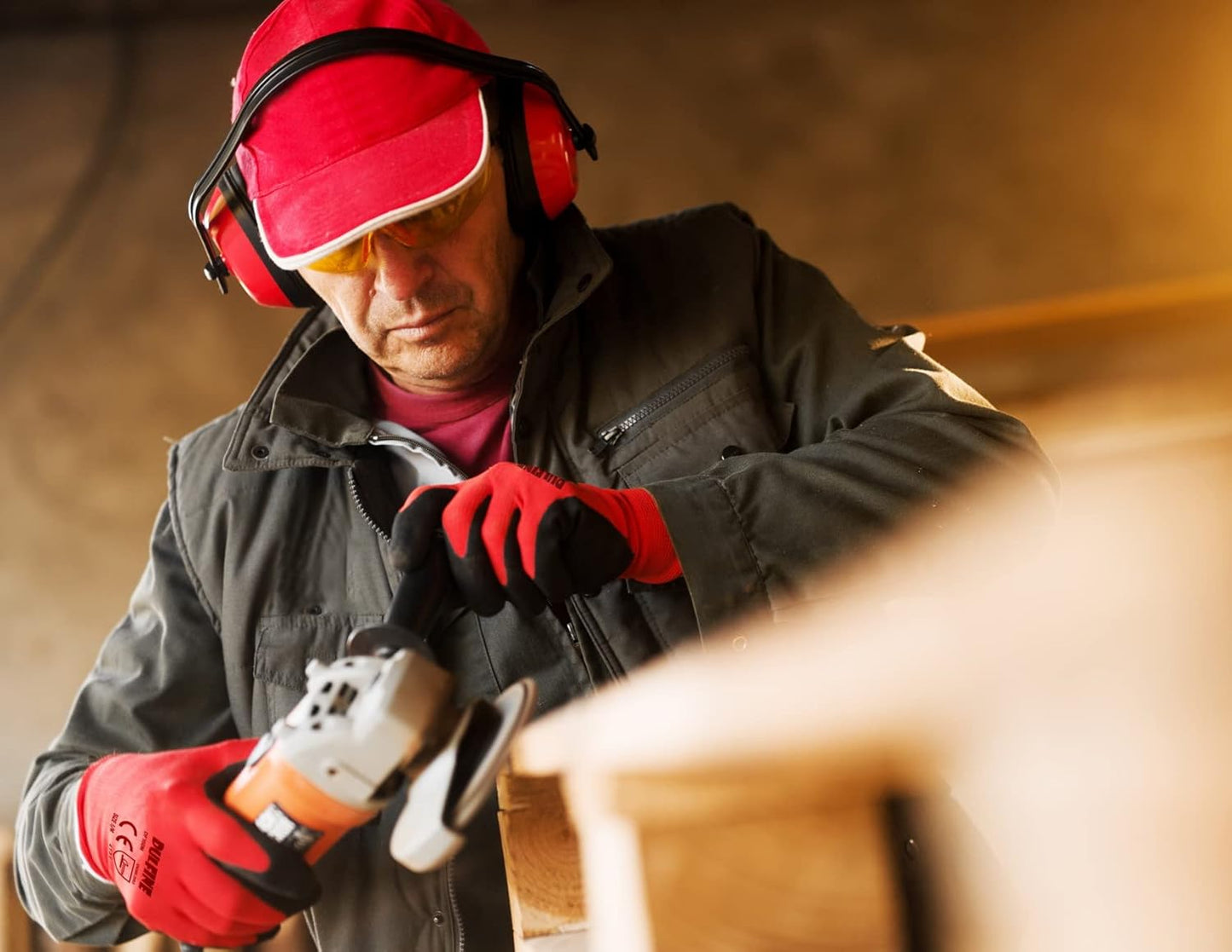 DULFINE Safety Work Gloves PU Coated for Men and Women-12 Pairs,Red Seamless Knit Glove with Two Fingers Touchscreen,Ideal for General Duty Work (Small)