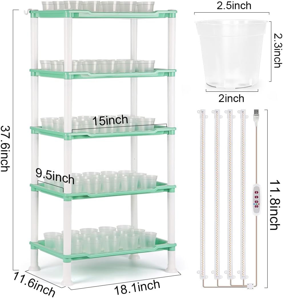 Seed Starter Tray Unit, 5-Tier Plant Stand with 4 LED Grow Lights & 90 Pack 2.5 Inch Clear Nursery Pots – for Indoor Gardening, Herb, Seedling Kits & Small Greenery