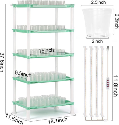 Seed Starter Tray Unit, 5-Tier Plant Stand with 4 LED Grow Lights & 90 Pack 2.5 Inch Clear Nursery Pots – for Indoor Gardening, Herb, Seedling Kits & Small Greenery