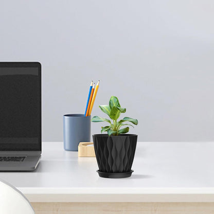 4 inch Small Plastic Nursery Pots, Seedling Pots, 5 Set Water Ripples Plant Pots for Indoor Plants, Flower Pots with Drainage Holes and Saucers, Seed Starter Pots for Succulent Plants, Black