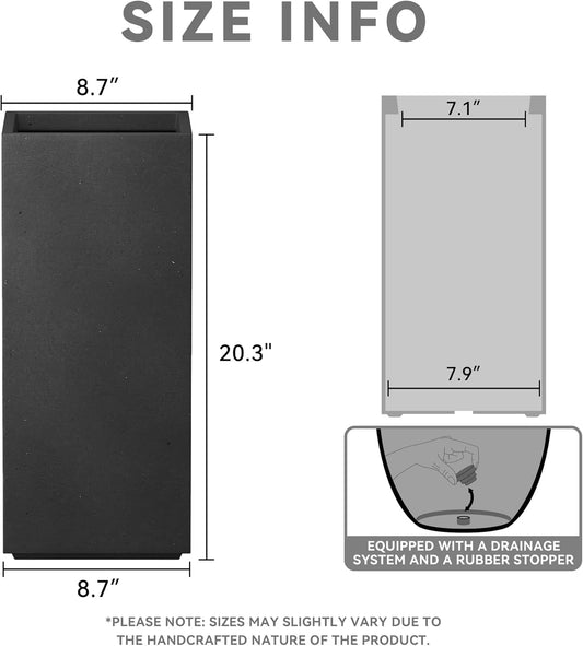 Kante 20.3" H Tall Rectangular Concrete Planter, Modern Square Diameter Plant Pot with Drainage Hole and Rubber Plug for Indoor Outdoor Home Patio Garden, Black