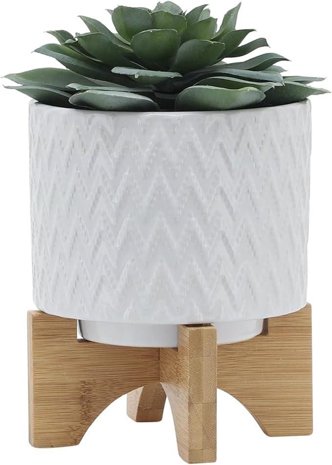 Sagebrook Home Modern Ceramic Planter with Stand - Textured Stoneware Pot with Bamboo Base for Indoor & Outdoor Plants - Decorative Flower Pot for Home & Garden - 8" White