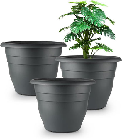 12 Inch Plant Pots, Large Planters for Outdoor Plants, Plastic Flower Pots - Durable and Lightweight with Drainage Holes (3 Packs, Gray)