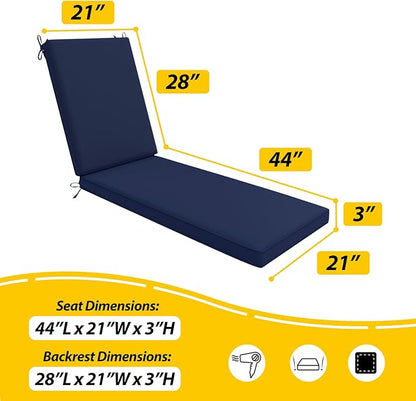 AAAAAcessories Outdoor Chaise Lounge Cushions, Waterproof, Fade-Resistant Patio Furniture Replacement Cushions, 72" x 21" x 3", Navy Blue