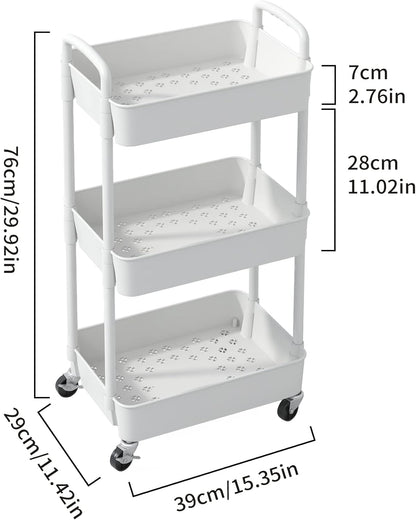 Sywhitta 3-Tier Plastic Rolling Utility Cart with Handle, Multi-Functional Storage Trolley for Office, Living Room, Kitchen, Movable Storage Organizer with Wheels, White