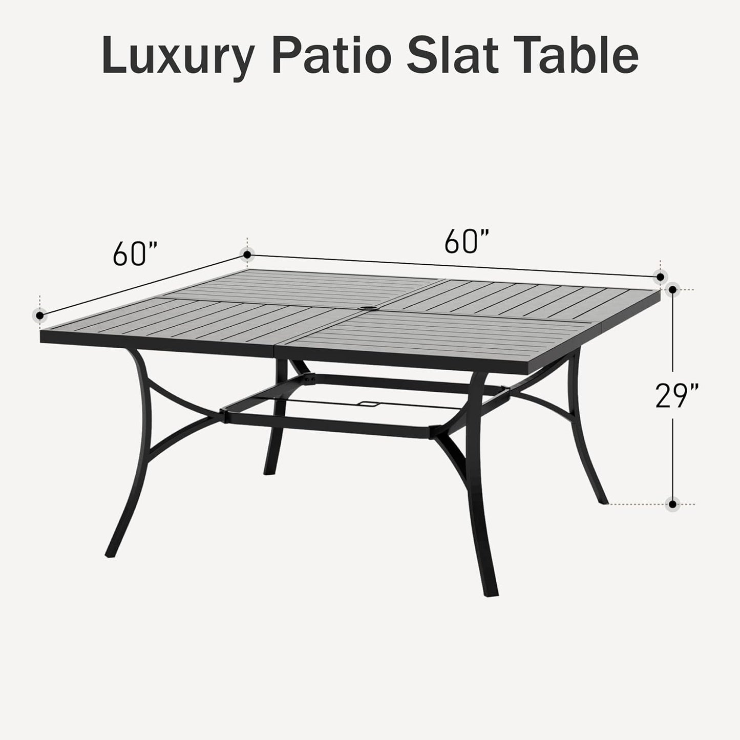 PHI VILLA Large Outdoor Square Dining Table for 8, 60" Metal Steel Slat Table with Umbrella Hole, Weather-Resistant Dining Fruniture for Patio, Deck, Backyard, Porch - Black